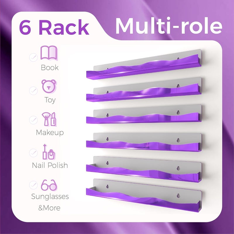 YMVV Wall-Mounted Nail Polish Organizer Rack - 15 Inch Purple Mirror Finish Nail Polish Shelf, Makeup & Beauty Essentials Storage - Multi-Purpose Display Holder for Small Space, Vanity Bathroom, 6 Pack - Image 5